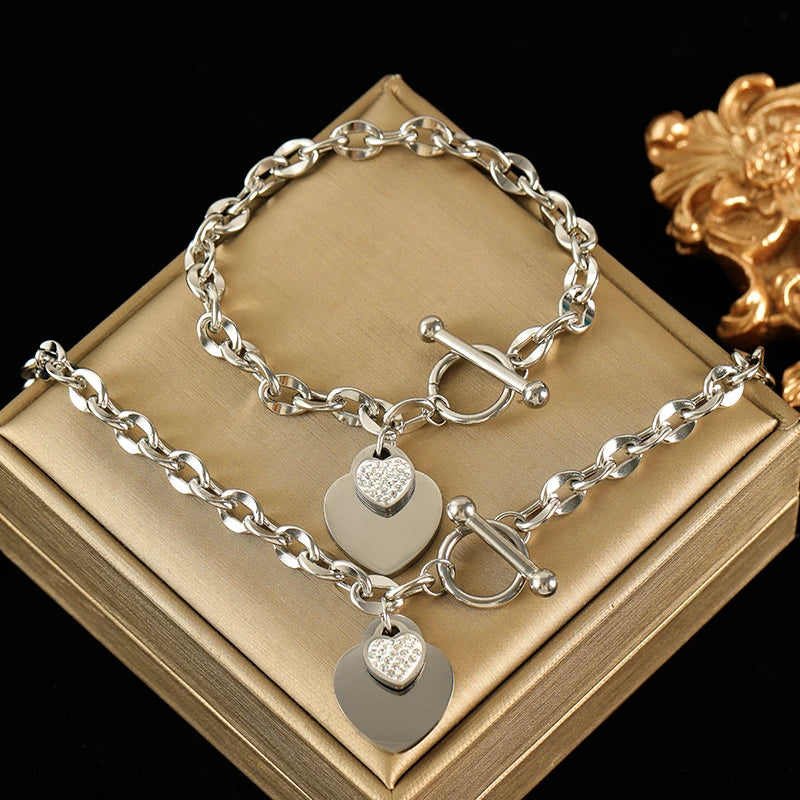 EILIECK Double Heart Stainless Steel Jewelry Set