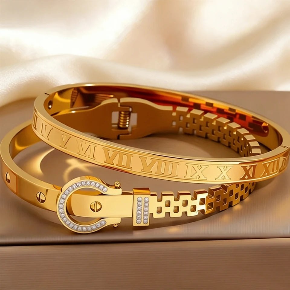 Roman Numeral Stainless Bracelet 2pcs Set in gold with decorative buckle and numeral design.