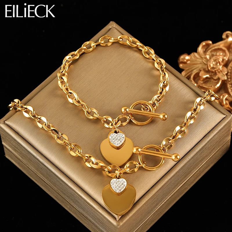 EILIECK Double Heart Stainless Steel Jewelry Set