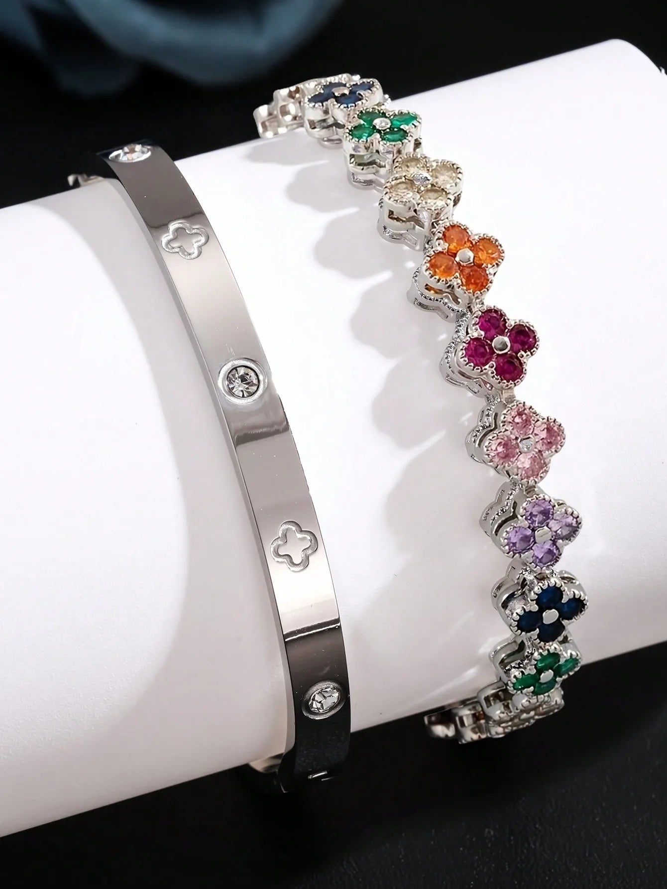 2PCS Lucky Clover Stainless Steel Bracelet Set for Women