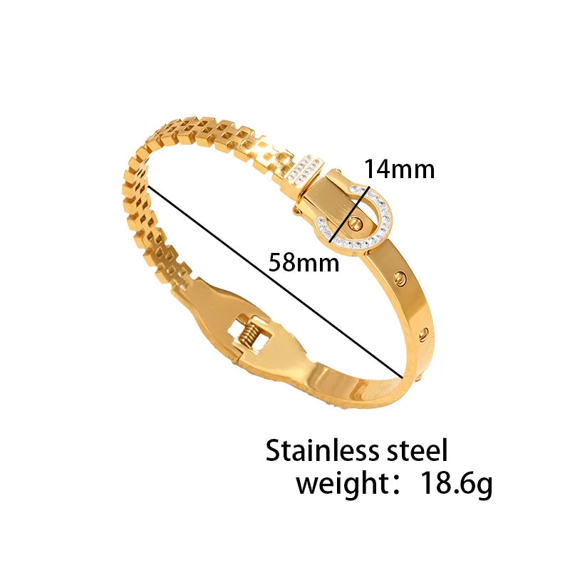 Roman Numeral Stainless Bracelet 2pcs Set - Gold stainless steel bracelet with dimensions 14mm width and 58mm length.