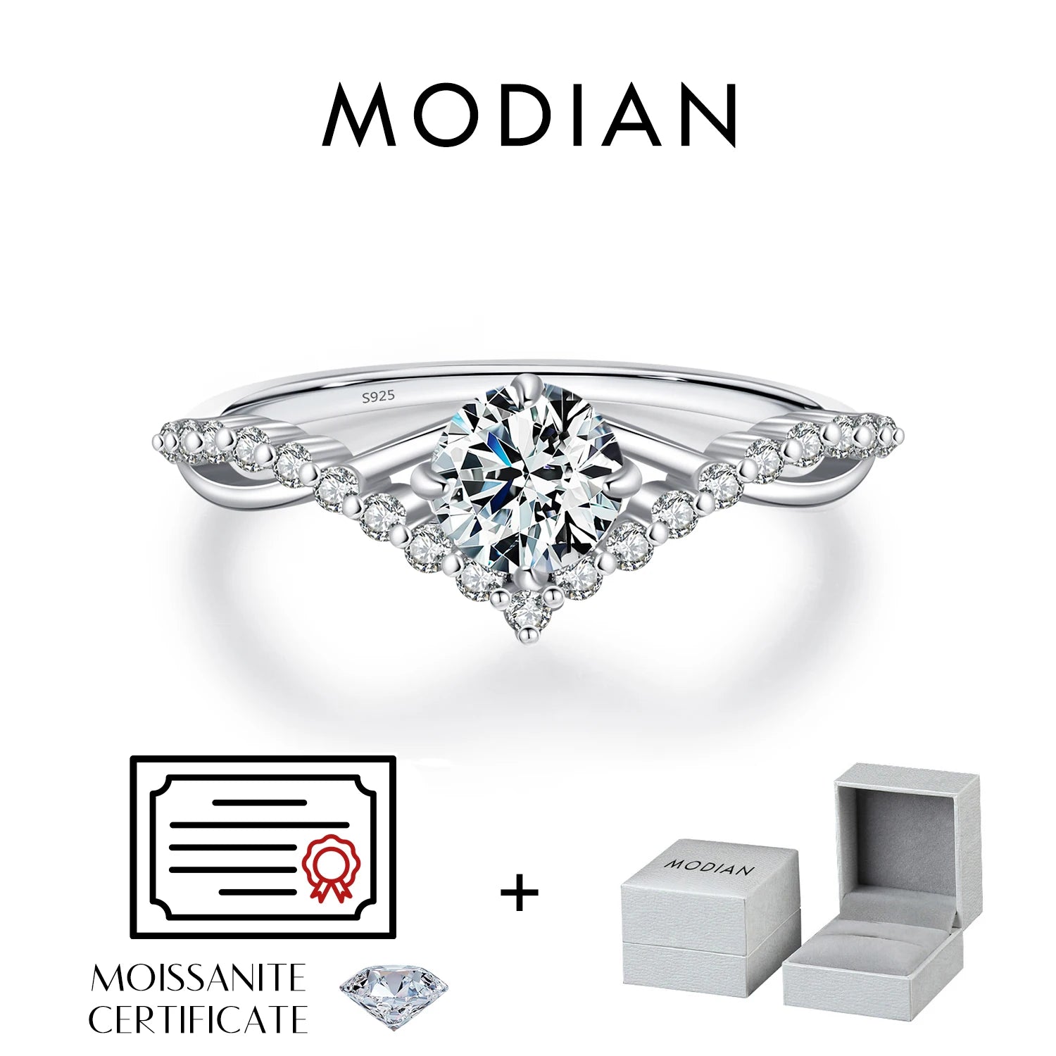 MODIAN 925 Sterling Silver Crown Moissanite Ring