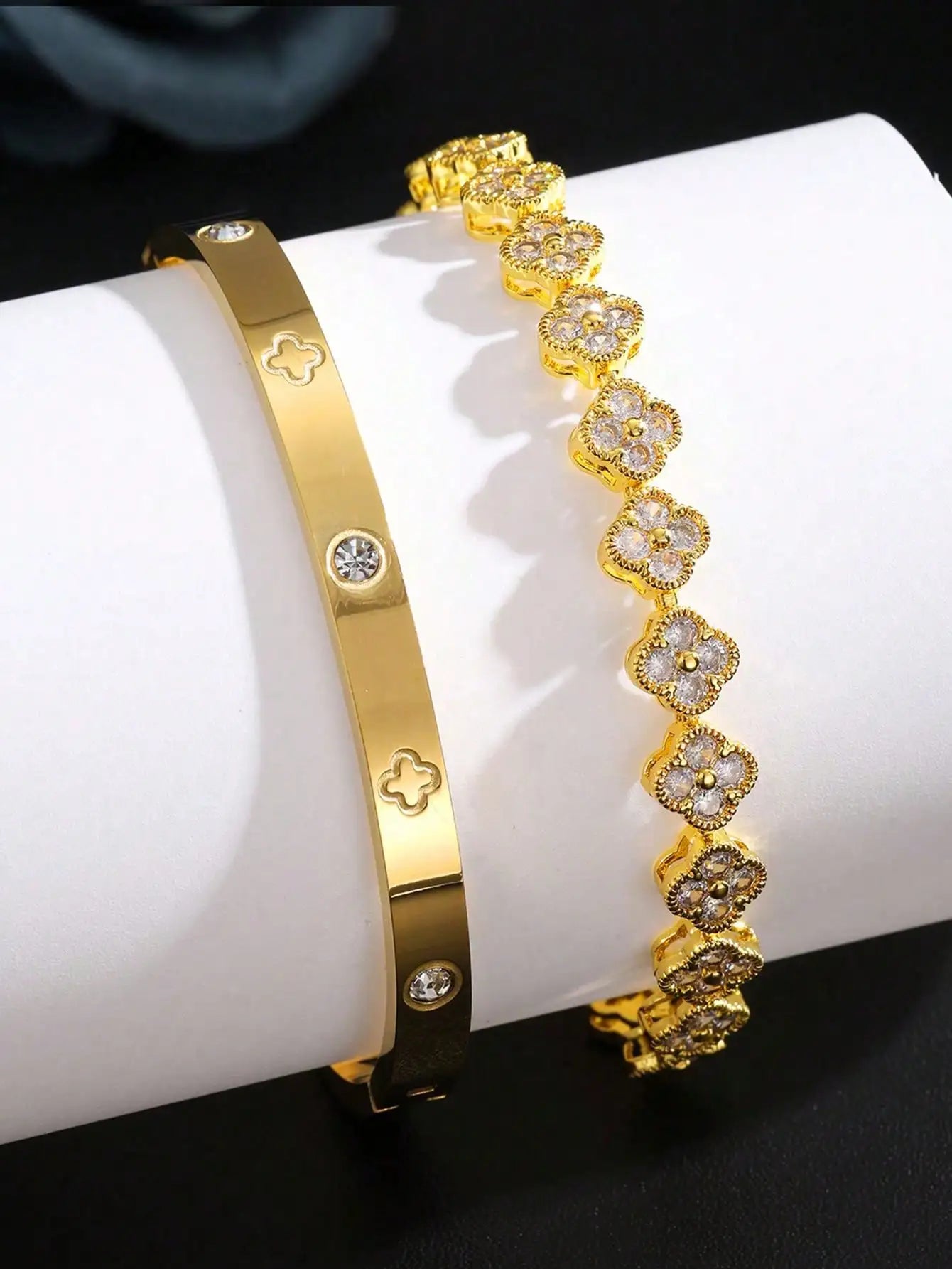 2PCS Lucky Clover Stainless Steel Bracelet Set for Women