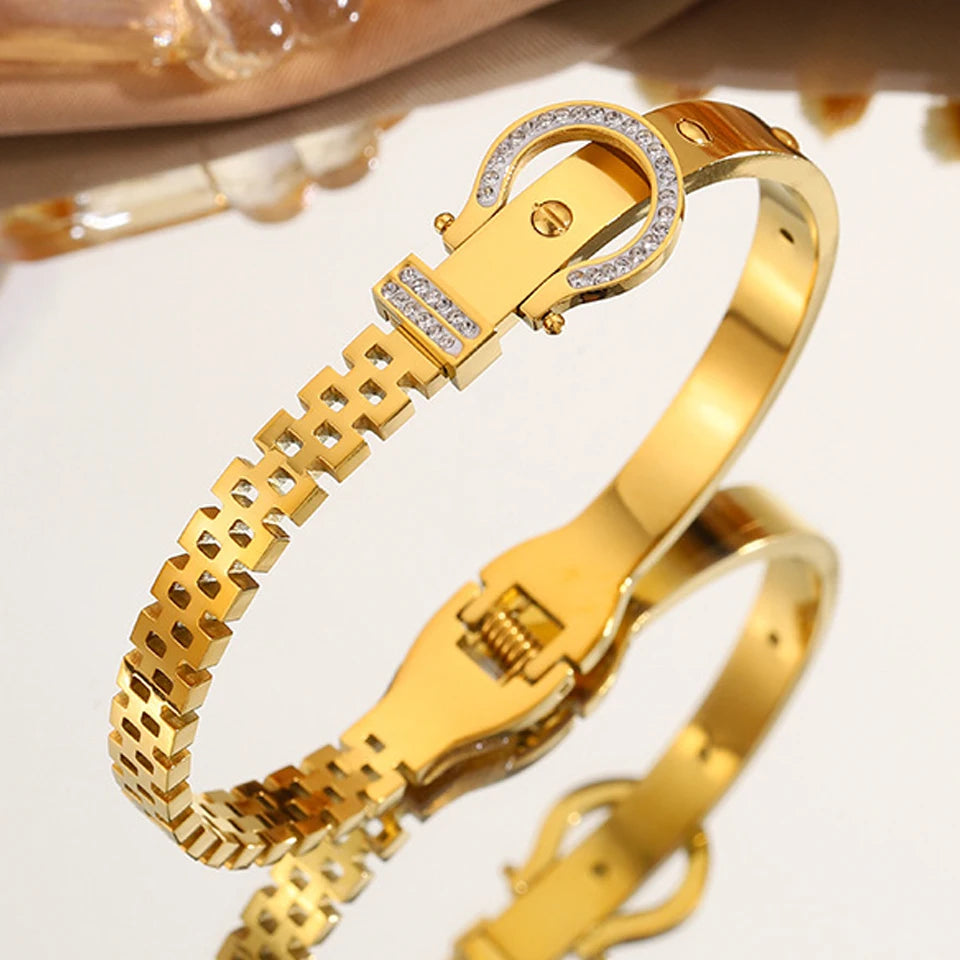 Roman Numeral Stainless Bracelet 2pcs Set in gold with diamond detailing and unique clasp design