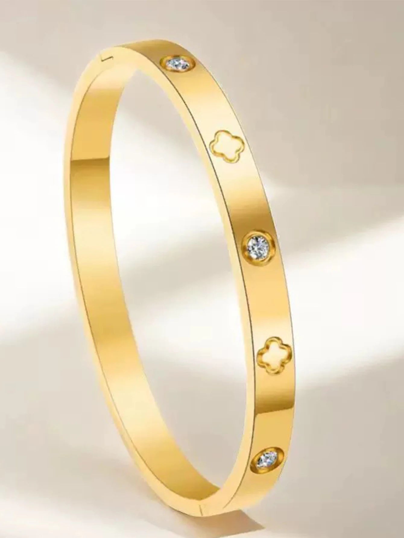 Engraved Clover Zirconia Stainless Steel Bracelet