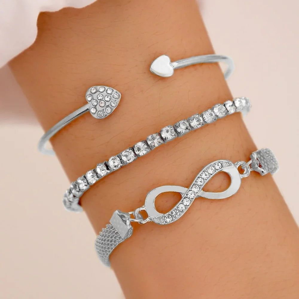 3Pcs Gold Silver Heart Bracelet Set silver layered bracelet view