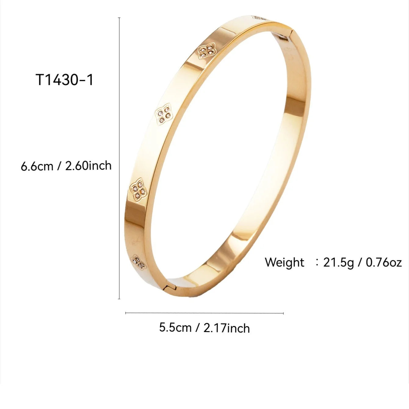 Luxury Clover Bracelet for Women, gold bangle with dimensions 6.6 cm x 5.5 cm, weight 21.5g.