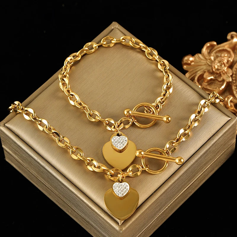 EILIECK Double Heart Stainless Steel Jewelry Set
