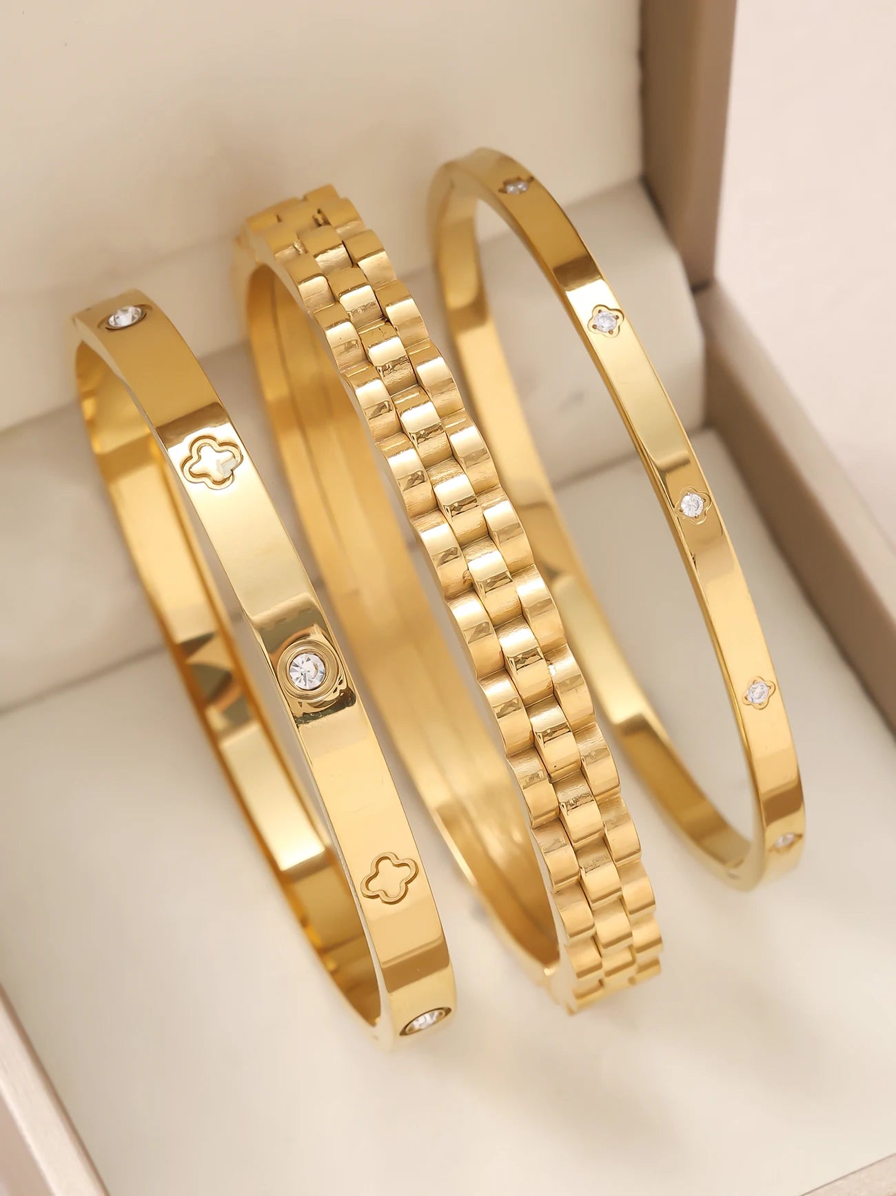 18K Gold Plated Clover Stainless Steel Stackable Bracelet