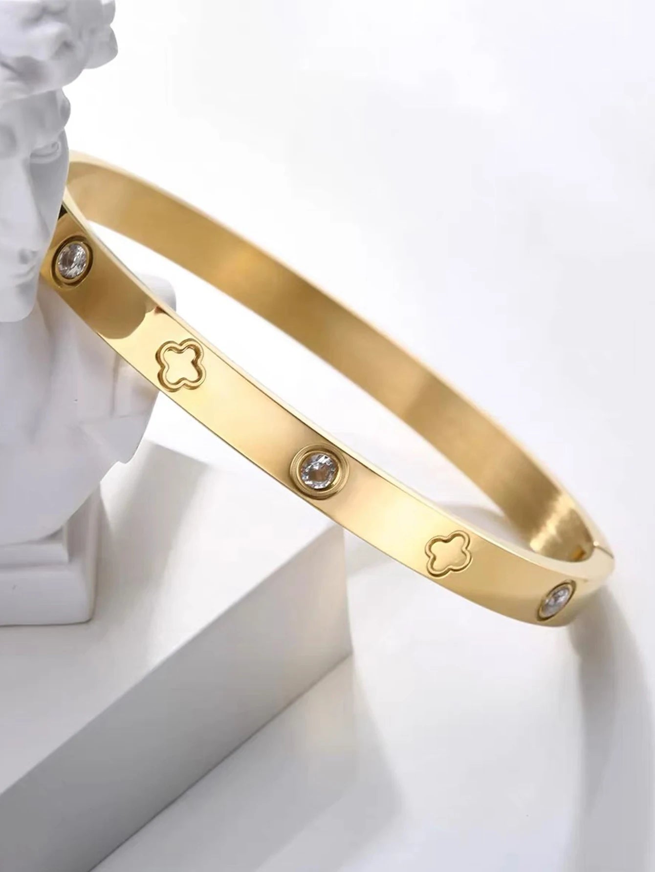 Engraved Clover Zirconia Stainless Steel Bracelet