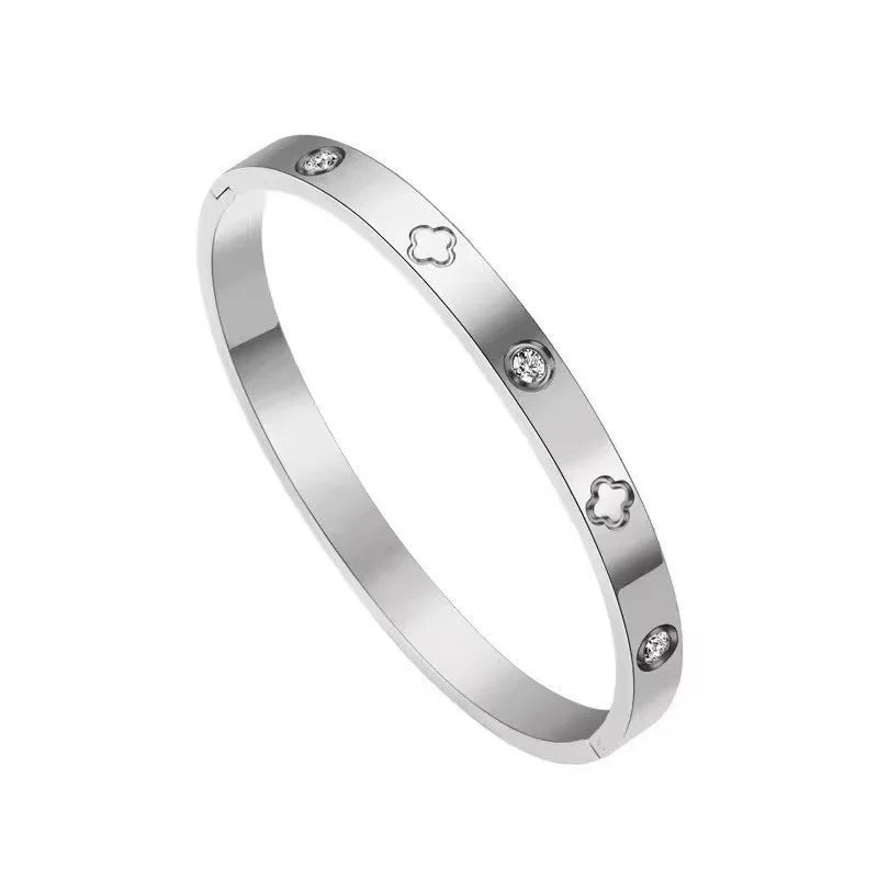 Engraved Clover Zirconia Stainless Steel Bracelet