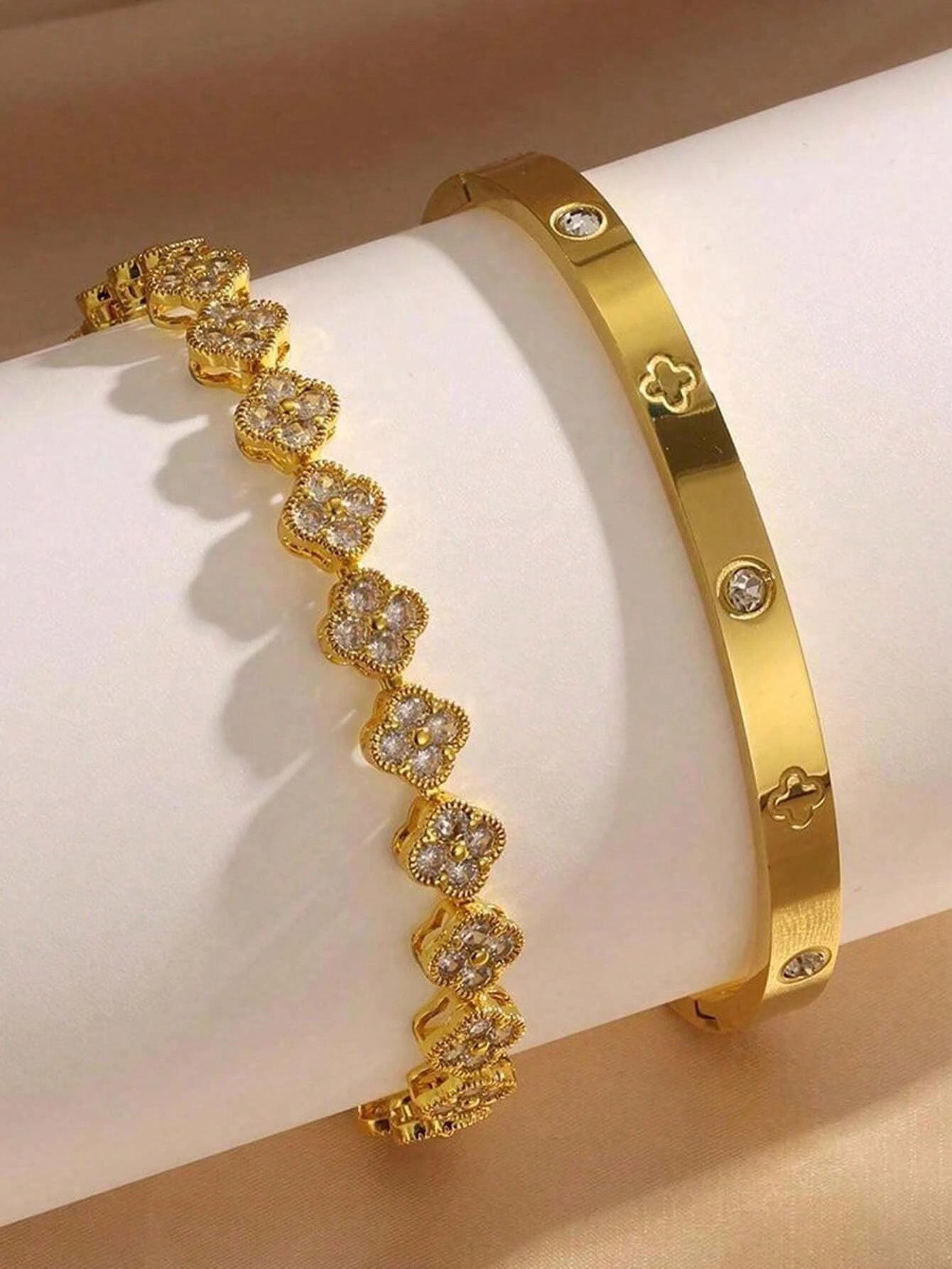 2PCS Lucky Clover Stainless Steel Bracelet Set for Women