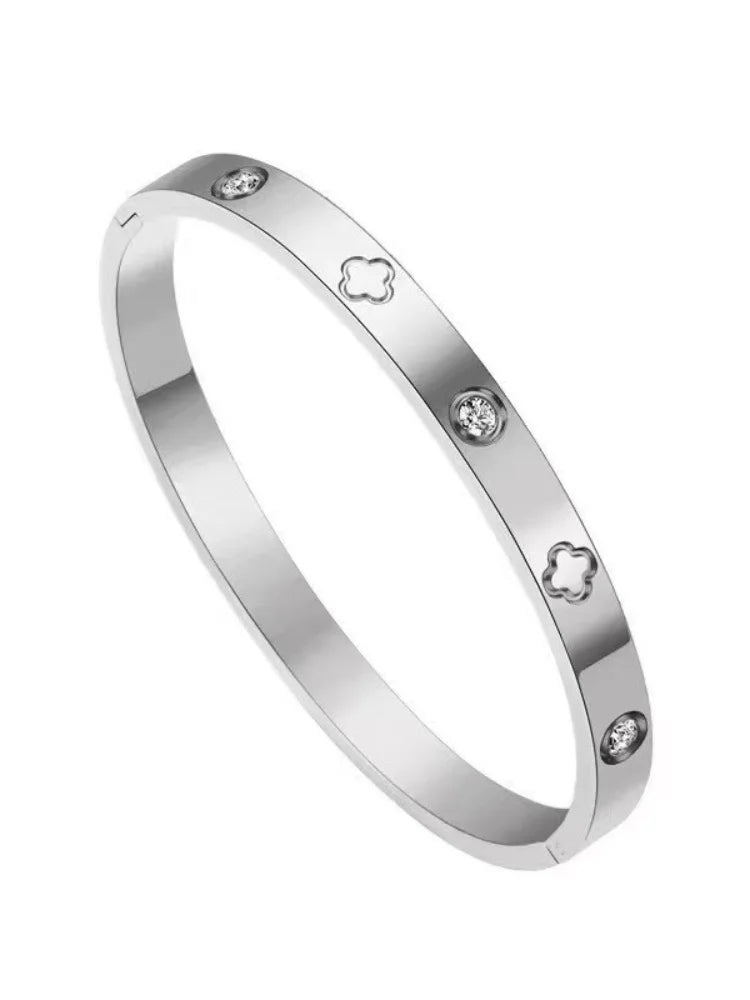 Engraved Clover Zirconia Stainless Steel Bracelet