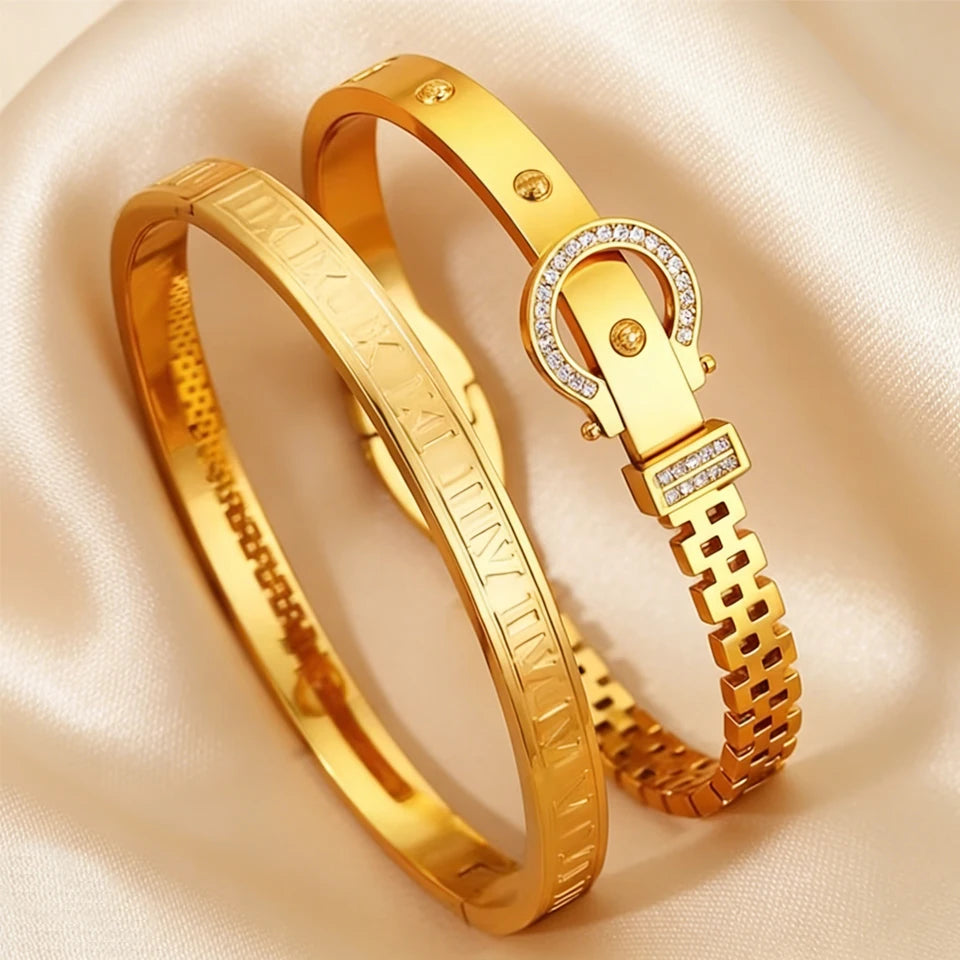 Roman Numeral Stainless Bracelet 2pcs Set in gold, featuring intricate designs and a chic buckle style.