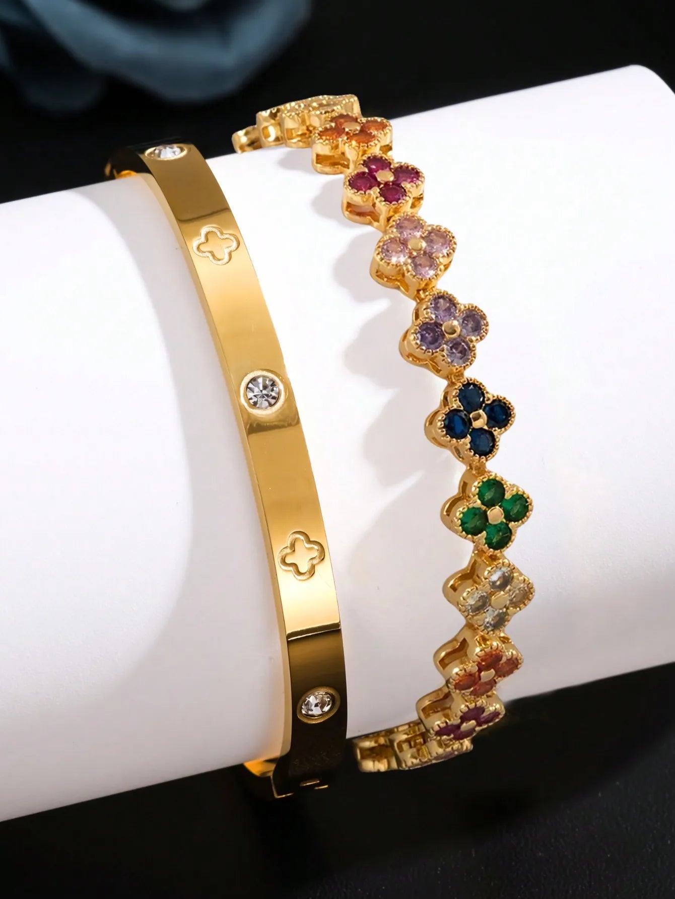 2PCS Lucky Clover Stainless Steel Bracelet Set for Women
