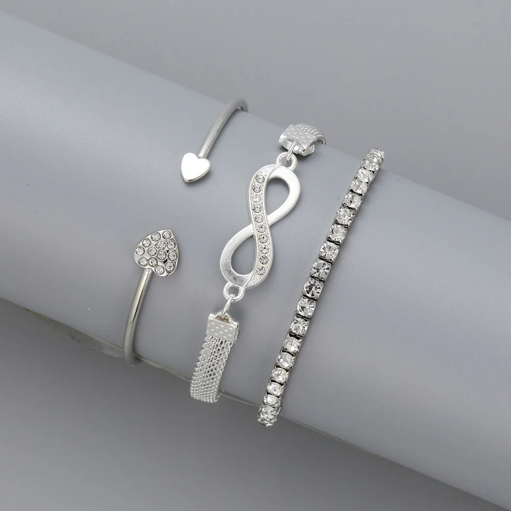 3Pcs Gold Silver Heart Bracelet Set silver style on wrist