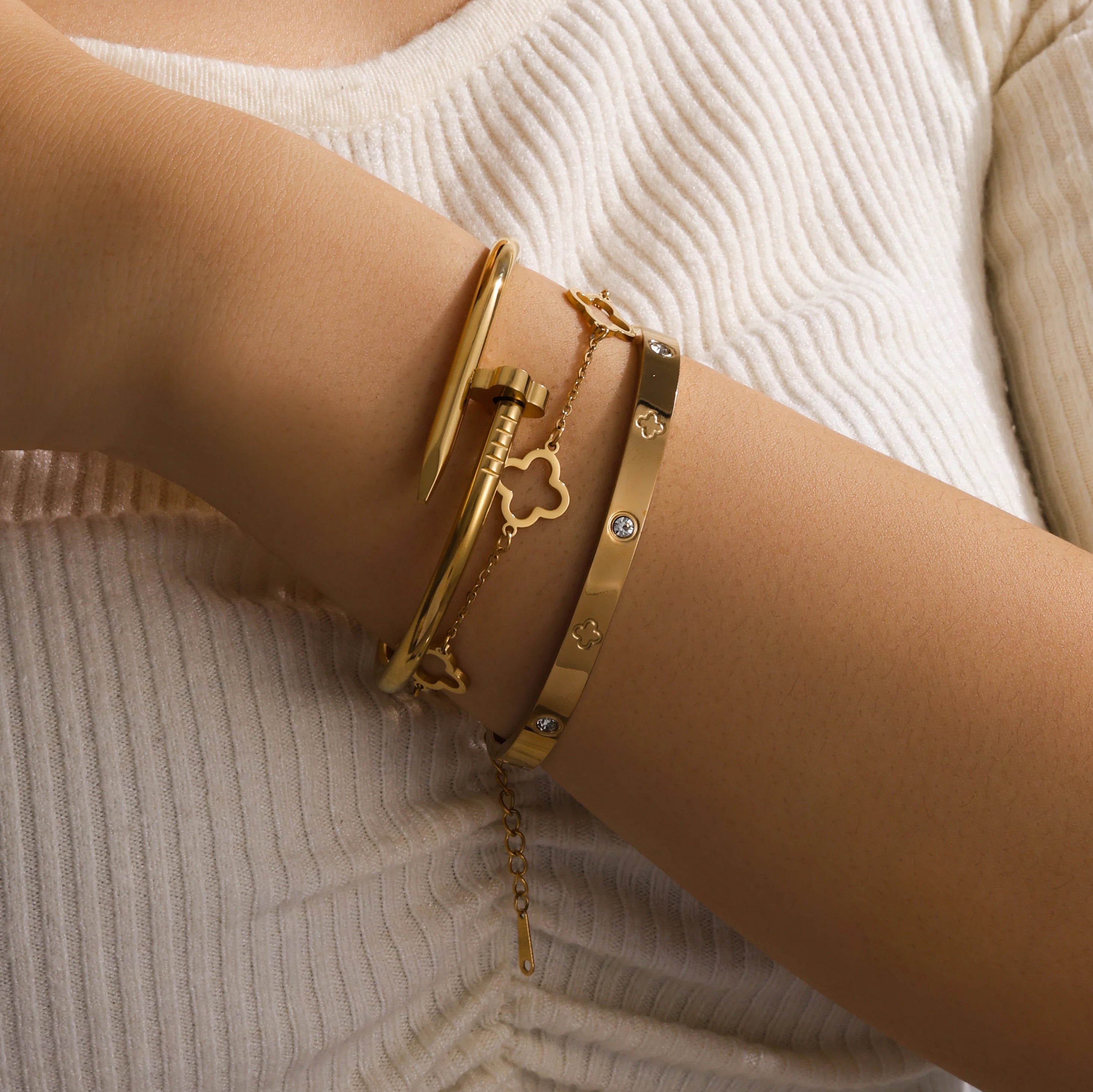 2PCS Lucky Clover Stainless Steel Bracelet Set for Women